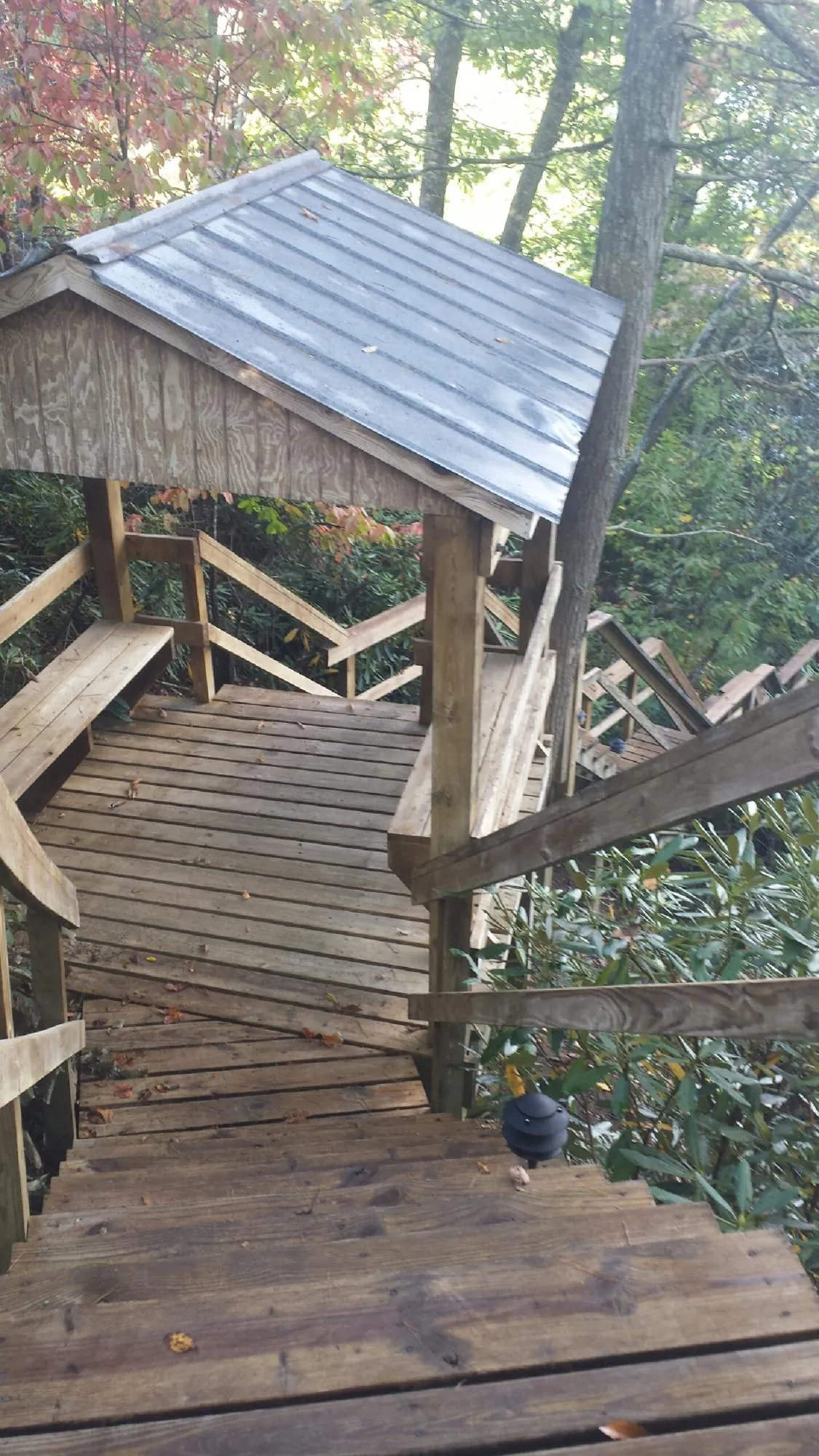 Metal roofed shelter over wooden steps on a wooded walkway — Skylight Repair & Installation work by our crew in Womelsdorf
